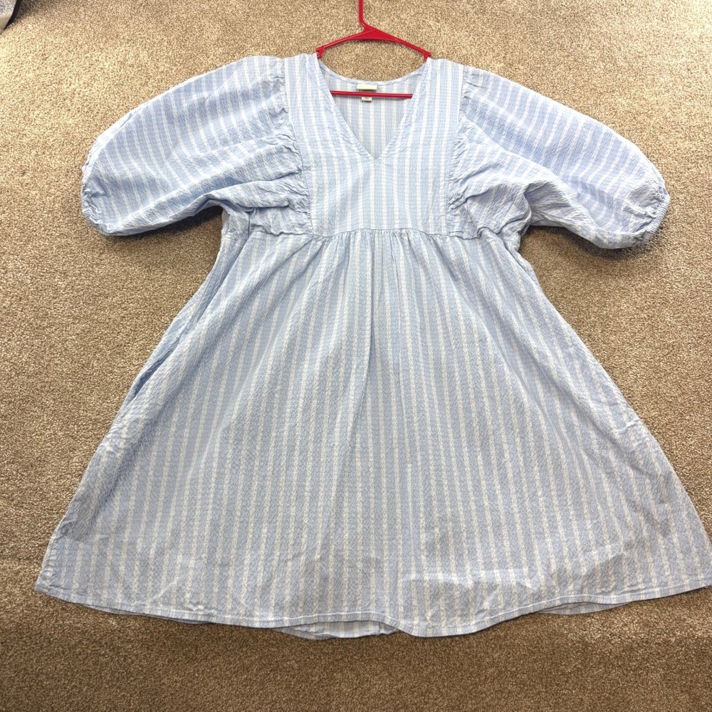 A New Day Womens XL Blue White Striped Puff Sleeve Babydoll Dress Seersucker